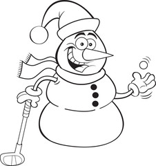 Black and white illustration of a snowman holding a golf club.