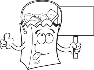 Cartoon illustration of a trick or treat bag holding a sign.