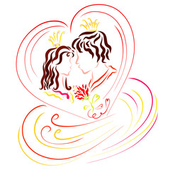 Lovers prince and princess in a beautiful heart, flower and feelings