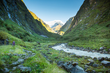 Rugged landscape looking up valley to Annapurna Base Camp, Nepal.