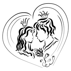 Prince, princess and flower in the heart-shaped frame