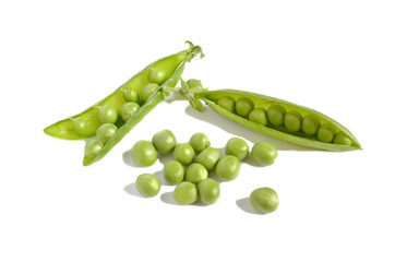 pea pods and beans on white background
