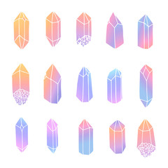 Hand drawn vector crystals set isolated on the white background. Gemstones in pastel gradient colors collection.