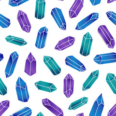 Vector seamless pattern with purple, green and blue crystals on the white background. Gemstones in gradient colors.