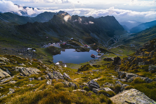 Aerial view of Balea lake in Romania's Fagaras mountains