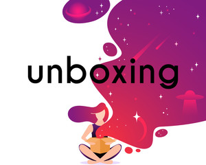 Girl open box in flat style. Cartoon character vector illustration.