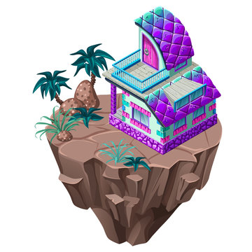 3d isometric building on the island for computer games. Сottage and stone elements landscape design. Isolated vector cartoon illustration.