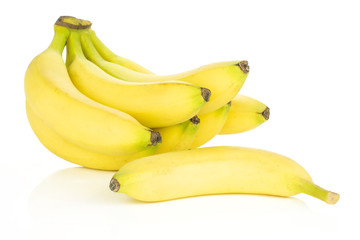 Lot of whole fresh yellow banana one cluster with separated banana isolated on white background