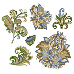 set of vintage decorative flowers with leaves