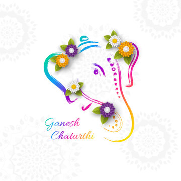 Holiday design for traditional Indian festival of Ganesh Chaturthi. Hand drawn illustration with paper cut style flowers. Grunge rangoli white background, vector illustration.