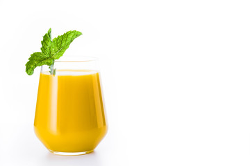 Mango Lassi dessert. Traditional Indian drink isolated on white background. Copyspace