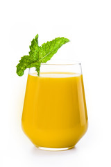 Mango Lassi dessert. Traditional Indian drink isolated on white background.