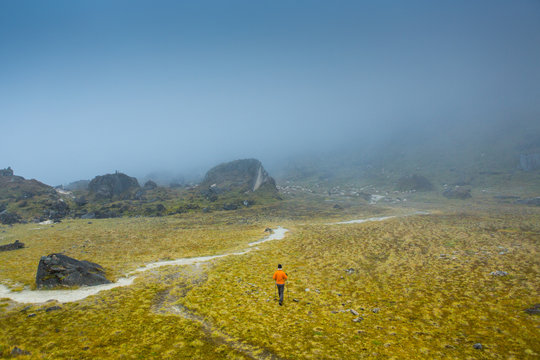 Man walking through foggy valley meadow near Annapurna base camp. Man wearing orange rain jacket exploring landscape below Annapurna in the Himalayas.