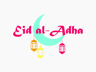Eid al-Adha. Crescent with hanging lantern. Kurban Bajram muslim festival of sacrifice. Ramadan Kareem. Holiday greeting card. Vector illustration