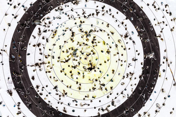 Shooting target and bullseye with many bullet holes