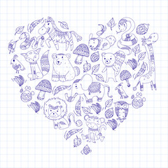 Pattern with cute forest and jungle animals. Fox, tiger, lion, zebra, bear, bird, parrot, snake, squirrel, elephant, monkey, owl. Tribal boho wild and free icons for little kindergarten children