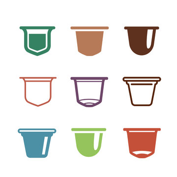 Set of the coffee capsules. Vector flat icons.