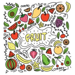 Fotobehang Collection of cartoon juicy fruits and berry. Vector illustration. Set of colorful fruit and berries. Fruit hand drawn in doodle style. © Agung Rohmat