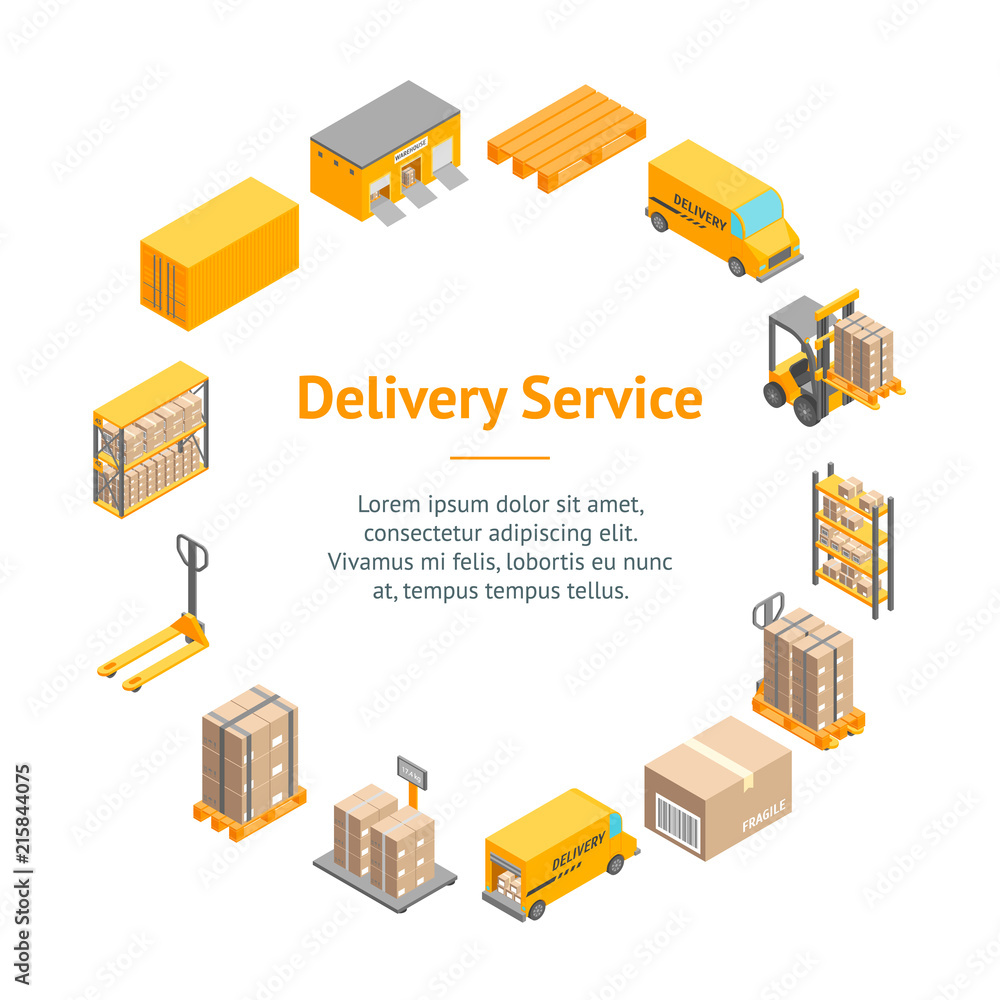 Poster logistic delivery service banner card circle isometric view. vector