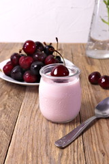 Cherry yogurt in glass, with fresh cherries