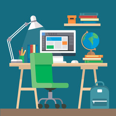 Learning and education, concept illustration with a desk with books, computer. Online learning, graduation, back to school, school, university. Vector illustration in flat style