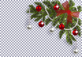 New Year. Christmas. A green branch of a Christmas tree with toys with a shadow. Corner drawing. red bow, silver and red balls on a transparent background. illustration