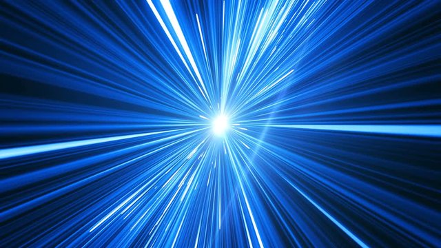 Beautiful Space Travel Through Stars Trails Spinning. Abstract Hyperspace Jump Blue Color to Big Star. Digital Design Concept. Looped 3d Animation of Glowing Lines 4k UHD 3840x2160.