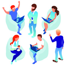 set of illustrations with people. sitting , standing  thinking man, man pointing, sitting woman, working man behind laptop. isometric 3d