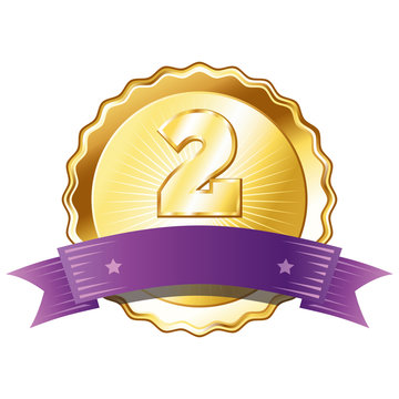 Gold Plate - Badge with Number 2 with a Purple Ribbon.