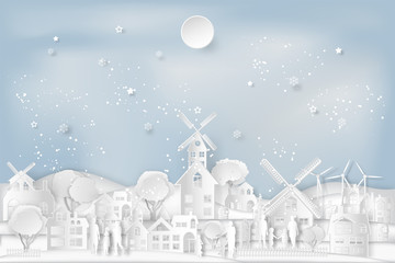 People relax and family in the cityscape with urban countryside with full moon and snow as Merry christmas and winter season,paper art and digital craft style concept. vector illustration.