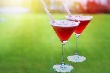 Two martini shape glasses with straws filled with red chilled drink on green background