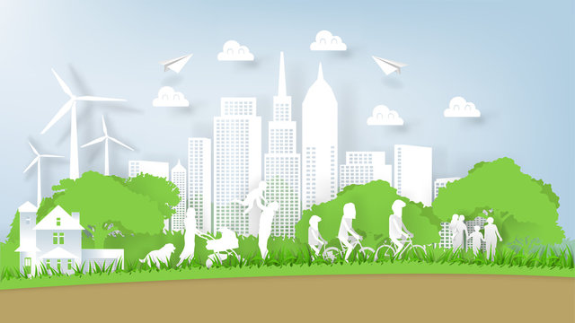 Illustration vector of modern eco world environment and happiness family people, graphic design of eco modern world in paper art style