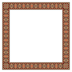 Square frame with geometric, Georgian ethnic pattern. Traditional colors, embroidery style.
