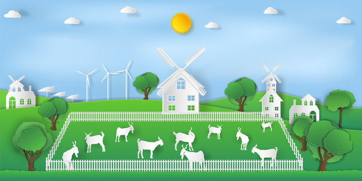 landscape of goat farm and relax in the morning city on summer, fresh air in the park as nature, living , paper art and craft style concept. vector illustration