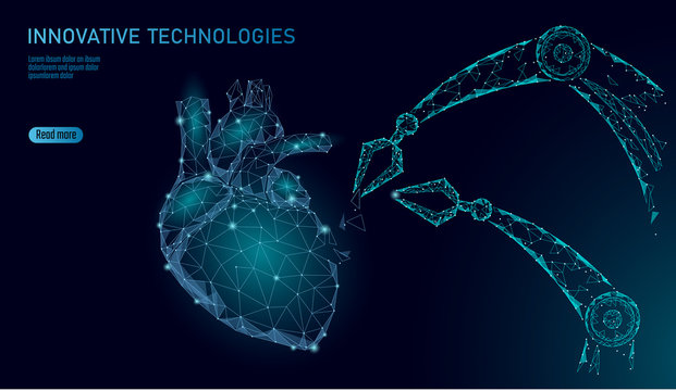 Robotic heart surgery low poly. Polygonal cardiology surgery procedure. Robot arm manipulator. Modern innovative medicine science automation technology. Triangle 3D render shape vector illustration