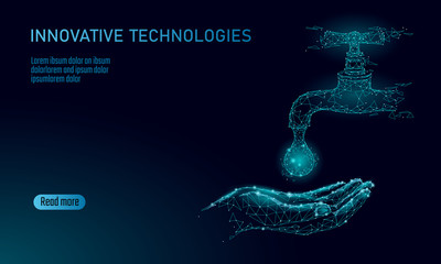 Save water low poly concept. Polygonal triangle ecology planet ocean sea safety banner. Water tap drop leak fix nature global environment care world day vector illustration