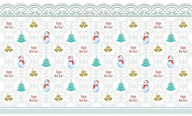 Christmas background packing with bells, Christmas trees and a snowman