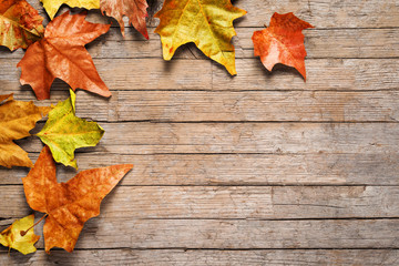 Obraz premium autumn background,colorful leaves on old wooden floor