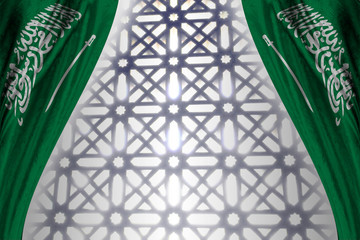 Background with flag of Saudi Arabia with arabian style window
