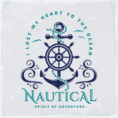 Vector emblem with anchor and steering wheel. Nautical illustration. © RainLedy