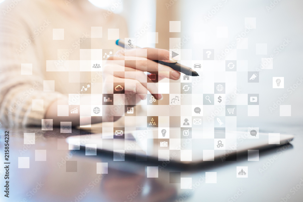 Poster virtual screen interface with applications icons. apps. strategy planning. internet technology conce