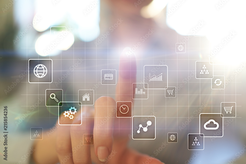 Poster virtual screen interface with applications icons. apps. strategy planning. internet technology conce