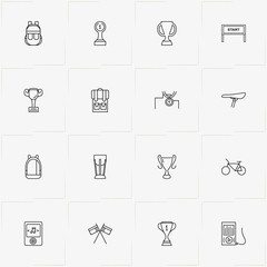Bicycle Sport line icon set with medal, bicycle seat and trophy