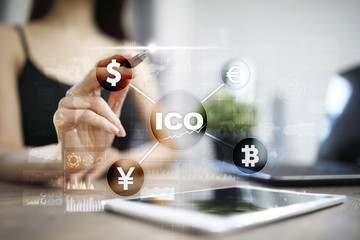 ICO, Initial Coin Offering. Digital electronic binary money financial concept. Bitcoin currency...