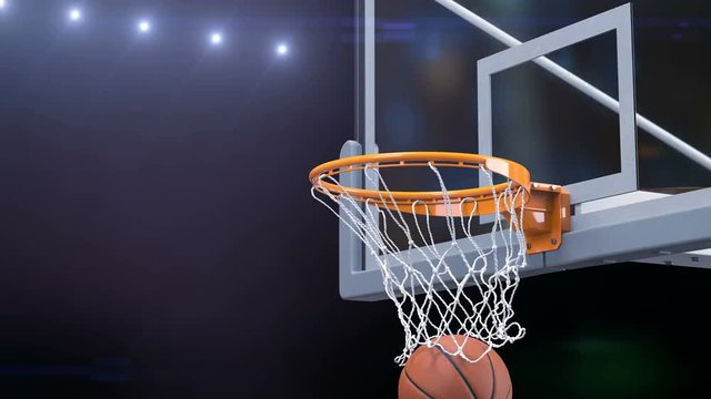 Beautiful Basketball Ball Hits Basket Net Slow Motion Close-up Photo Flashes. Ball Flies Spinning into Basketball Hoop with Stadium Lights. Sport Concept 3d Animation 4k Ultra HD 3840x2160.