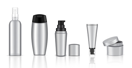Mock up Realistic Metal and Black Cosmetic Soap, Shampoo, Cream and Spray Bottles Set Background Illustration