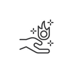 Magical Fire in hands outline icon. linear style sign for mobile concept and web design. Magic hands simple line vector icon. Symbol, logo illustration. Pixel perfect vector graphics