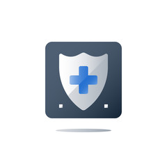 Shield and cross, medical insurance, health care policy, hospital services, preventive check up