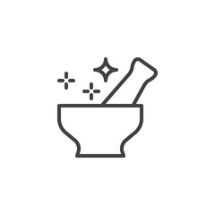 Magic mortar and pestle outline icon. linear style sign for mobile concept and web design. Fantasy potion simple line vector icon. Symbol, logo illustration. Pixel perfect vector graphics