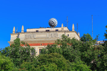 Parabolic antenna on the roof of building of Lomonosov Moscow State University (MSU) physics...